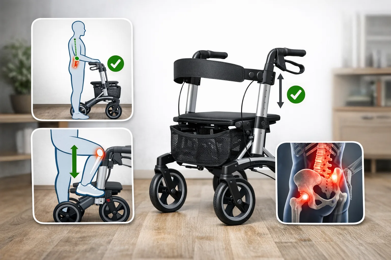 Ergonomische Einstellungen zur Reduzierung von Ruecken- und Gelenkbelastung mit Rollator