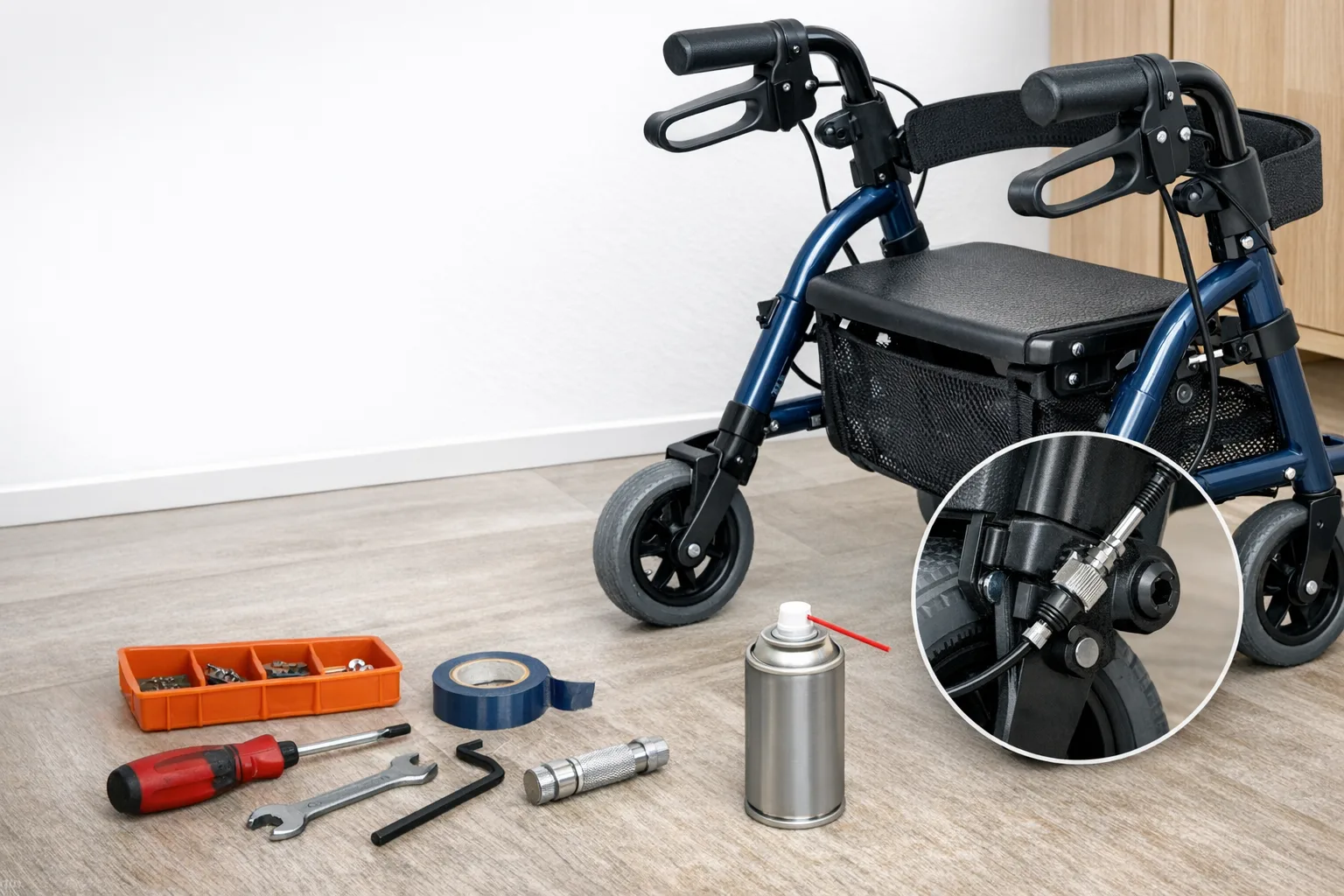 Rollator Bremsen pruefen und geringfuegig nachstellen