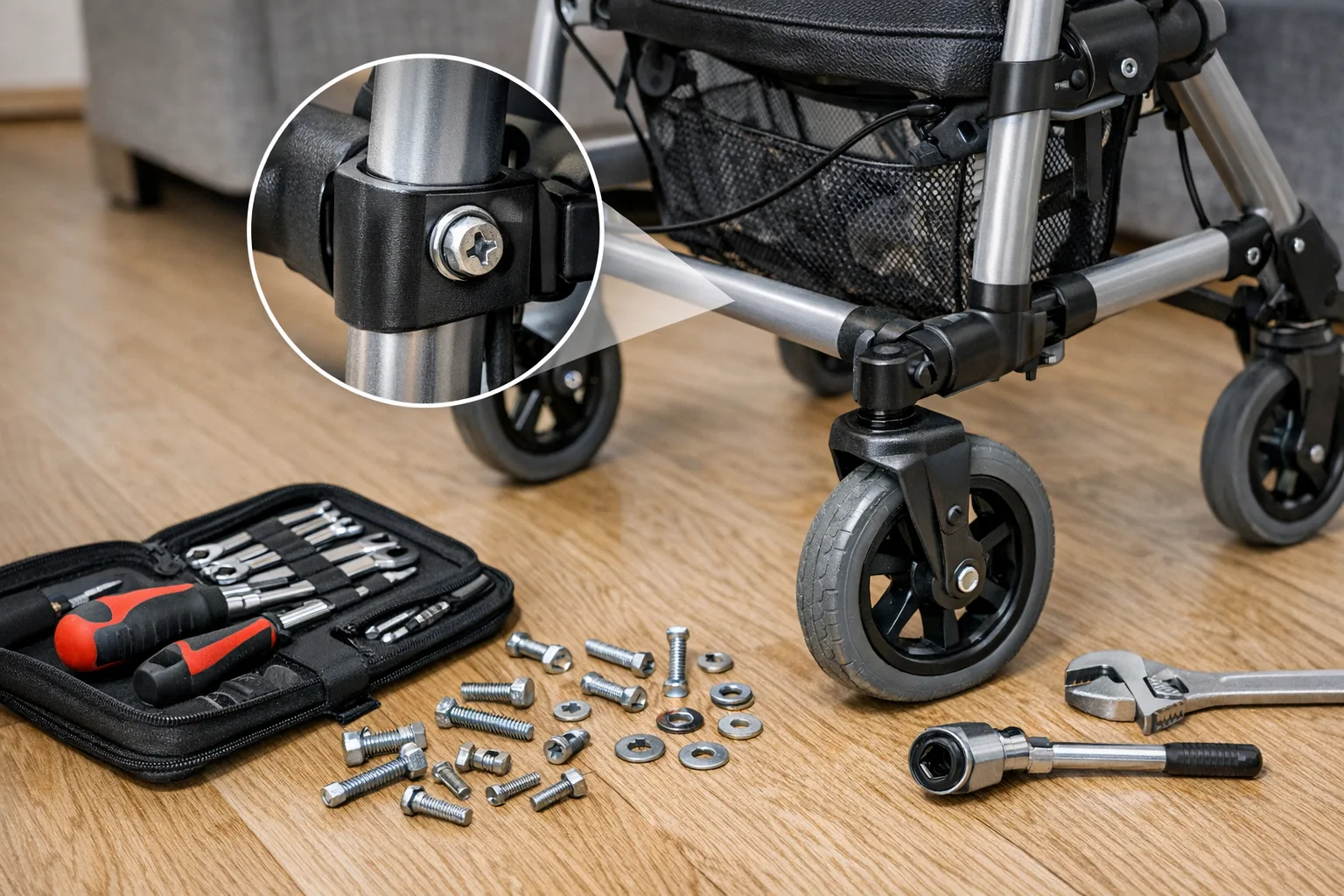 Rollator Schrauben und Verbindungen regelmaessig kontrollieren