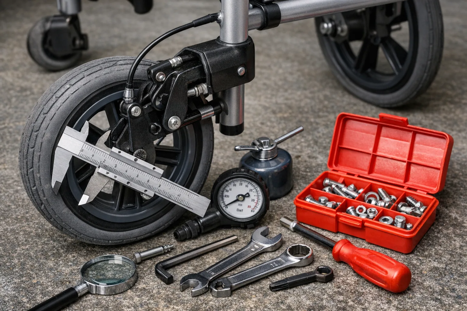 Rollator Wartung und Inspektion: Reifen, Bremsen und Schrauben pruefen